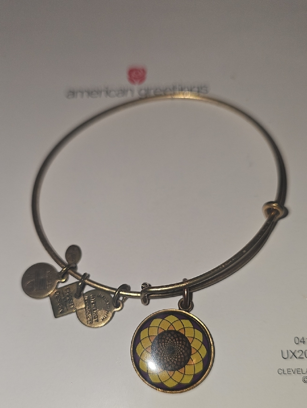 Alex and Ani Gold-tone Bracelet with Yellow and Brown Sunflower Charm